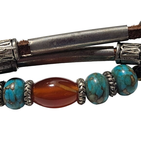Boho Mixed Bead Leather Adjustable Bracelet Turquoise Beads Unisex Jewelry - Picture 3 of 5